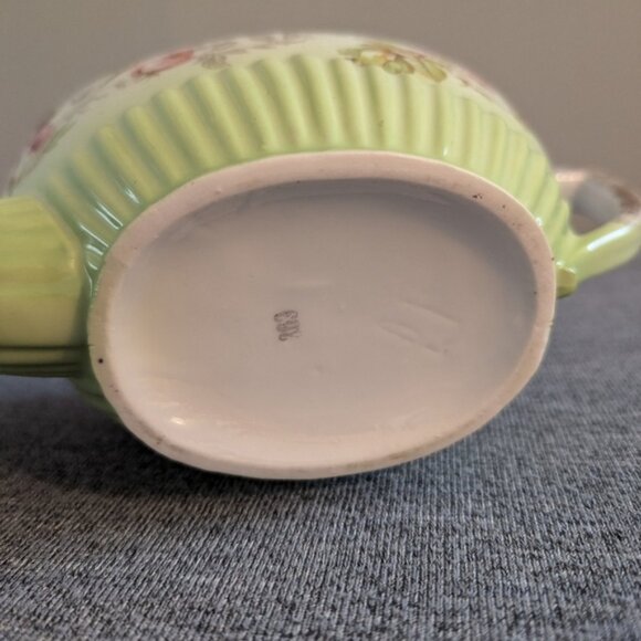 Antique Teapot and Creamer, Green/White with Gold Trim, Pink/Red Rose Pattern - Picture 9 of 9